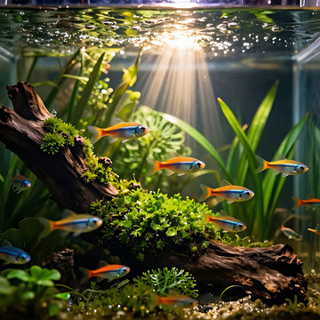 Hyper-realistic macro photography, close-up view of a lush tropical aquarium. Golden hour sunlight piercing through the water surface, creating dramatic god rays and caustics. Vibrant schools of Neon 