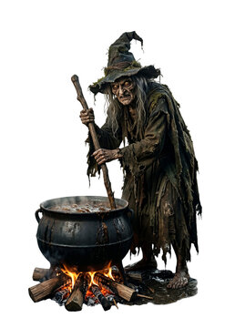 Full Body Elderly Swamp Witch Casting a Stirring a Cauldron