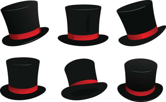 Set of black top hats with red ribbons for magic performance