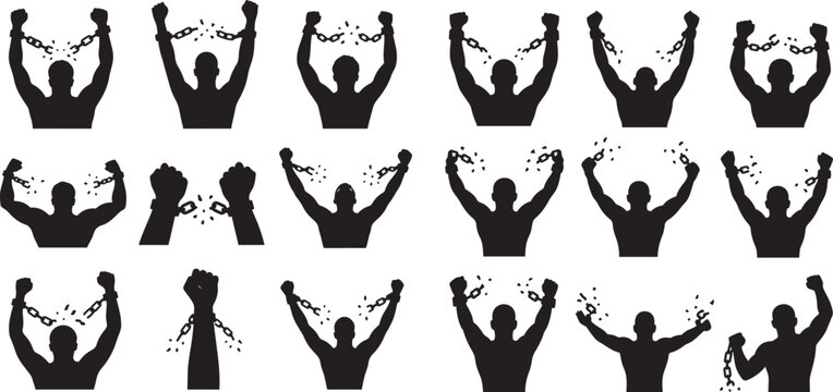 Silhouettes of people breaking free from heavy chains