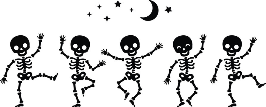 Five dancing skeletons celebrating under a crescent moon with stars in the sky