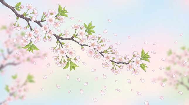 Cherry blossom branch with falling petals on soft pastel background
