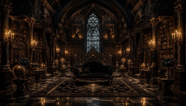 Dark gothic library interior illuminated by candlelight