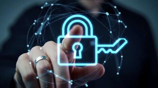 Hand touching glowing blue padlock icon for cybersecurity.