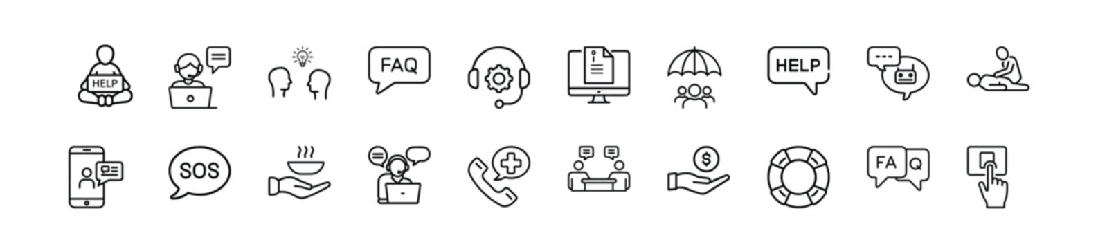 Helpline assistance line icons set, online service desk, urgent sos alert, chat assistant, lifesaving ring buoy & more vector illustration with editable stroke.