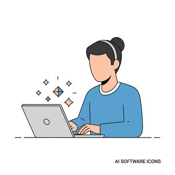 Abstract vector illustration of AI software development showcasing code lines, neural network structures, and machine learning data processing for programming.
