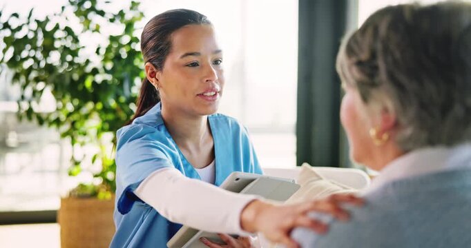 Nurse, tablet and talking to senior patient in nursing home with kindness, smile and hand on shoulder. Technology, caregiver and old woman on couch with positive results, online app and empathy