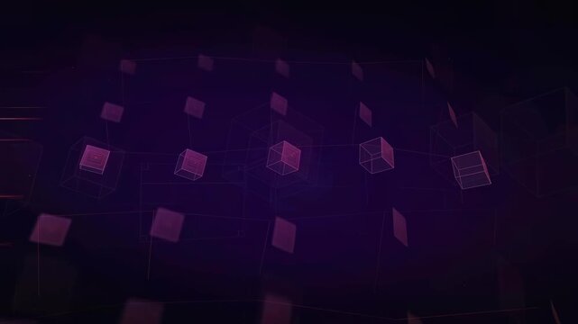 Abstract 3D purple wireframe cubes floating in a dark digital space with glowing network lines