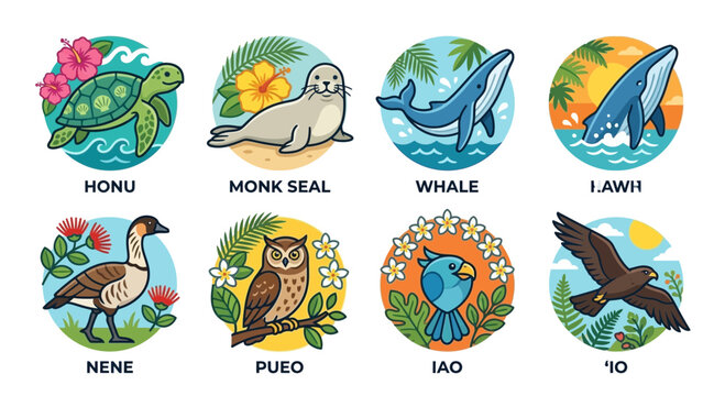 Hawaiian summer wildlife badges with turtle seal whale and nene