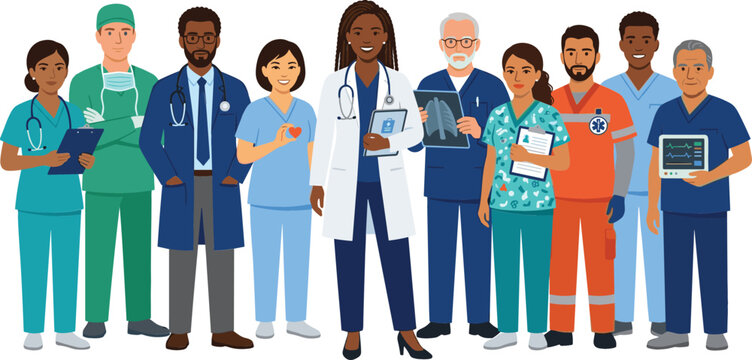 Diverse Group of Multiethnic Healthcare Workers Standing Together Featuring Medical Doctors Nurses and Paramedics Flat Vector Character Illustrations