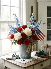 Fototapeta premium A rustic wooden table adorned with a weathered metal bucket filled with vibrant red roses white peonies and blue delphiniums surrounded by small blueberries an American flag and a star