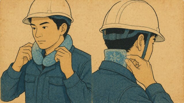 夏の暑さ対策として冷却ネックリングを装着する建設作業員