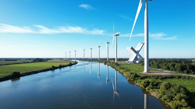 Wind turbines standing along a serene riverbank on a sunny day
