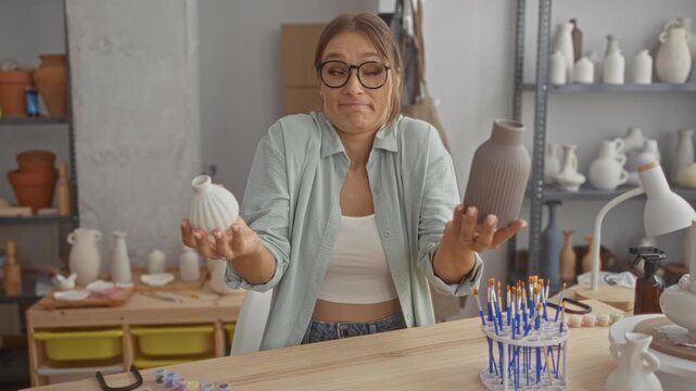 Woman holds two ceramic vases, shrugs with palms up in pottery studio at a worktable with brushes, shelves and tools; uncertainty.
