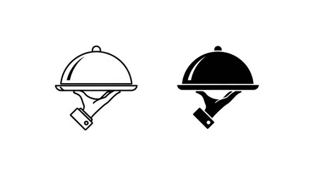Fototapeta premium Waiter Hand Holding Food Tray with Cloche Icon Set, Outline and Solid Silhouette Vector Illustration for Restaurant Service