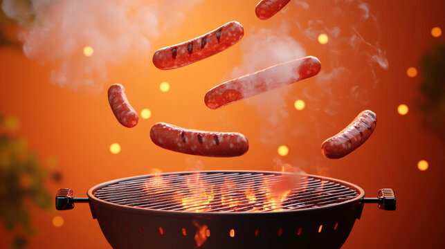 Delicious Grilled Sausages Flying in the Air