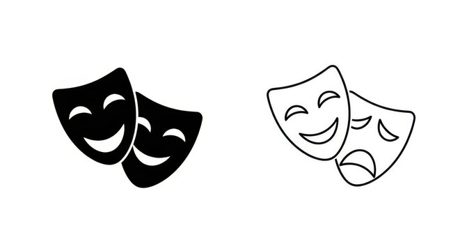 Theater Masks Icon Set Featuring Comedy and Tragedy Drama Symbols in Solid and Outline Vector Styles for Performance Arts
