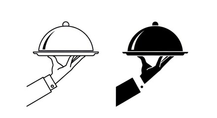 Fototapeta premium Hand Holding Serving Tray with Cloche Icon Set - Waiter Butler Service Silhouette and Line Art for Restaurant