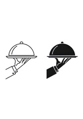 Fototapeta premium Waiter Hand Holding Serving Tray with Cloche Food Cover Icon Set - Line and Silhouette Vector Illustration