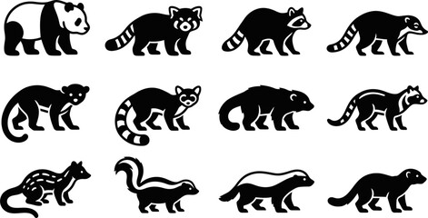 Set of monochrome silhouettes of various wild mammals and small predators. © jojo