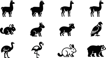 Collection of black and white wild animal silhouettes icons. © jojo