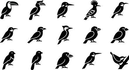 Set of black silhouette icons depicting various wild bird species. © jojo