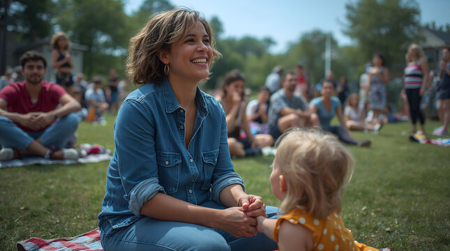Proud woman laughing at theater in park conveying joyful radiant happy relaxed positive community generative AI