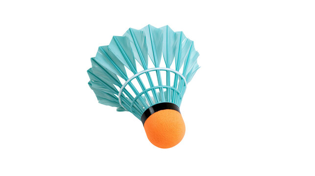 Light blue badminton shuttlecock with orange base, isolated on transparent background