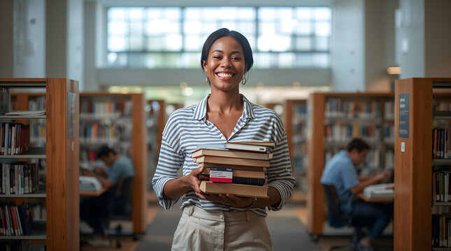 Relaxed woman holding books in library conveying smiling warm happy peaceful encouraging personal growth generative AI