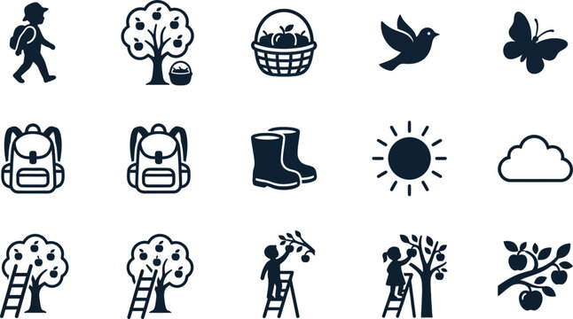 Set of flat monochrome icons representing apple picking harvest and outdoor activities.