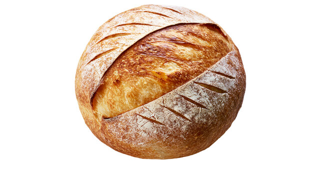 Golden brown crusty sourdough bread loaf with diagonal score marks, isolated on transparent background