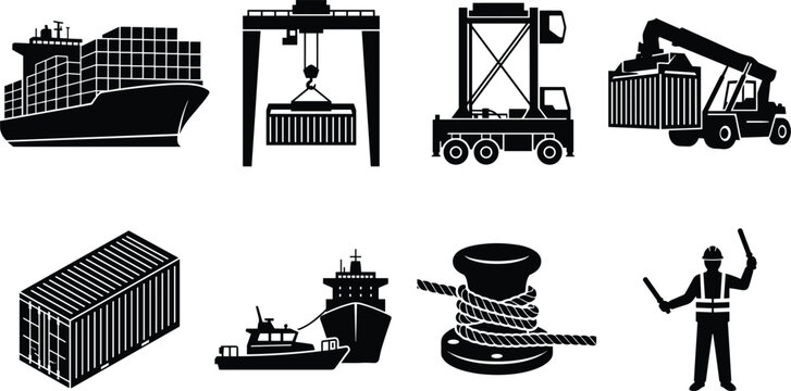 Maritime shipping and seaport logistics icon set featuring cargo ship cranes containers and port worker silhouettes