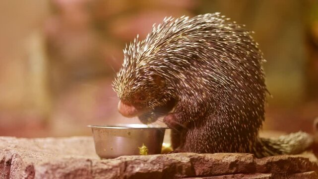 Arboreal porcupine eating food from a bowl