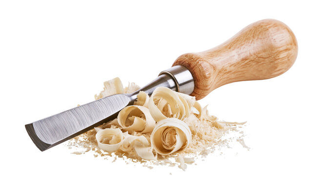 Sharp metal chisel with wooden handle resting on wood shavings, isolated on transparent background