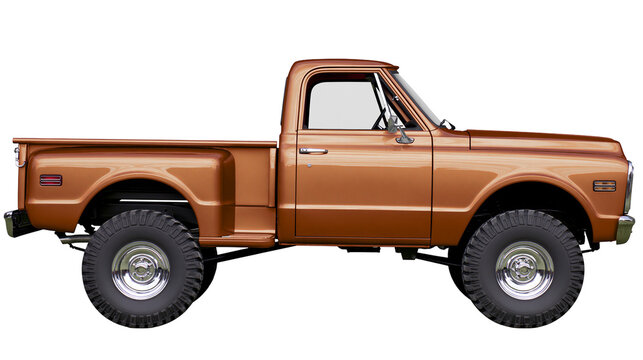 Classic copper pickup truck with large tires, isolated on transparent background