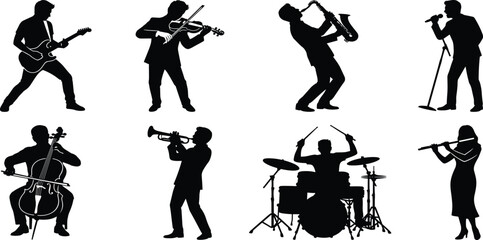 Musicians playing instruments live band orchestra stage performance black silhouettes isolated icons set vector © MdSohel