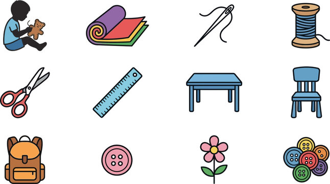 Set of colorful hand drawn school and sewing supply icons.
