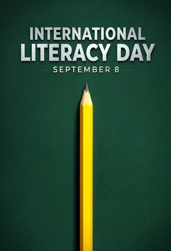 Bright yellow pencil on green background celebrating international literacy day event poster design idea