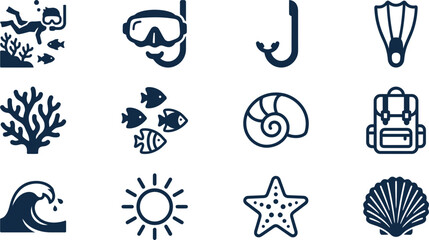 Set of snorkeling and marine life icons for summer vacation design. © Lambung