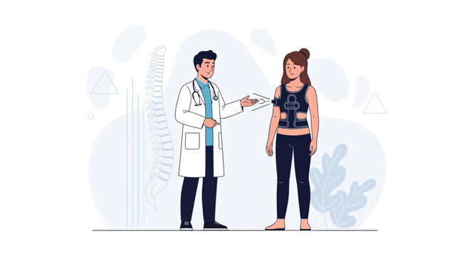 Doctor examining patient wearing scoliosis brace, with spine illustration in background