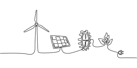 Fototapeta premium Continuous Line Drawing Of Renewable Energy Infrastructure Concept With Wind Turbine Solar Panel Water Mill Biomass And Electric Plug