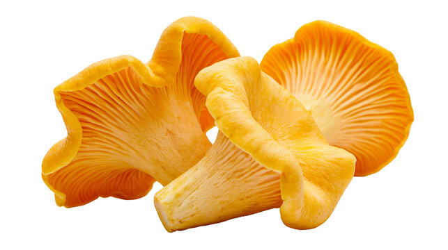Golden chanterelle mushrooms with delicate gills, isolated on transparent background