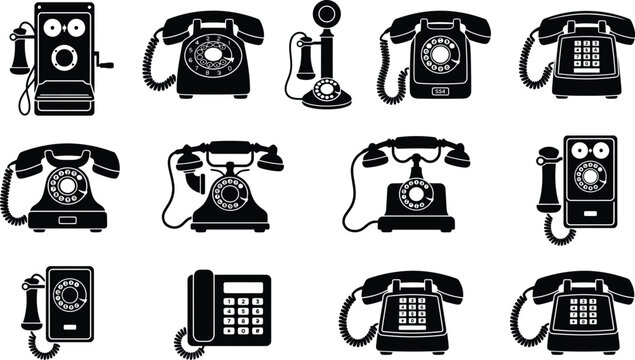 Vintage Telephone Icons, Retro Phone Illustrations, Black and White Telephones, 13 Vector Telephone Graphics