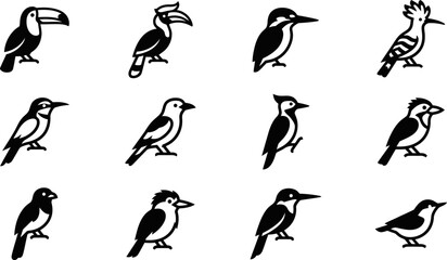 Set of black and white bird icons featuring various species. © Inova