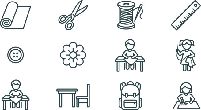 Set of sewing and crafting related line art icons.