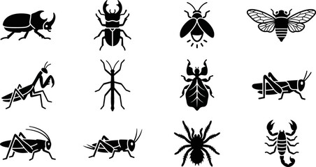 Set of black insect and arachnid icons on white background. © Inova