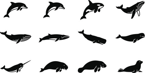 Set of silhouettes of marine mammals and sea animals. © Inova