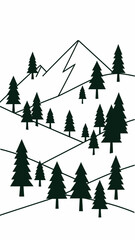 Obraz premium Clean lines vector landscape illustration with mountains and pine trees, isolated on a white background