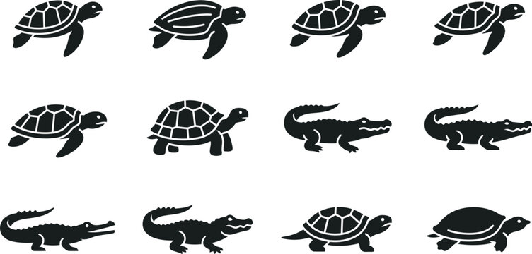 Set of black silhouette icons featuring various turtles and crocodiles.
