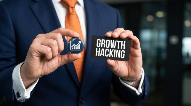 Businessman holding growth hacking concept with graph icon and card